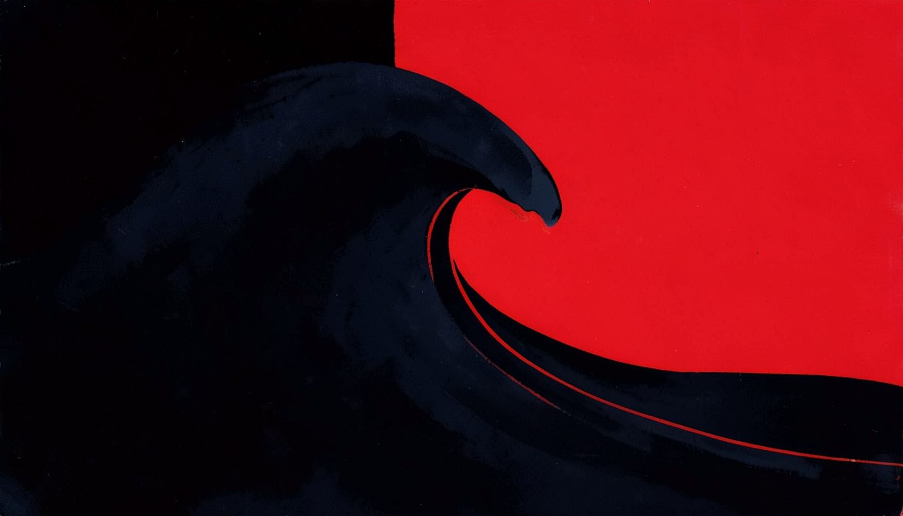 Matte gouache poster painting of a stylized ocean wave crest in deep navy and charcoal tones, with a subtle red accent line tracing the curl, set against a near-black background