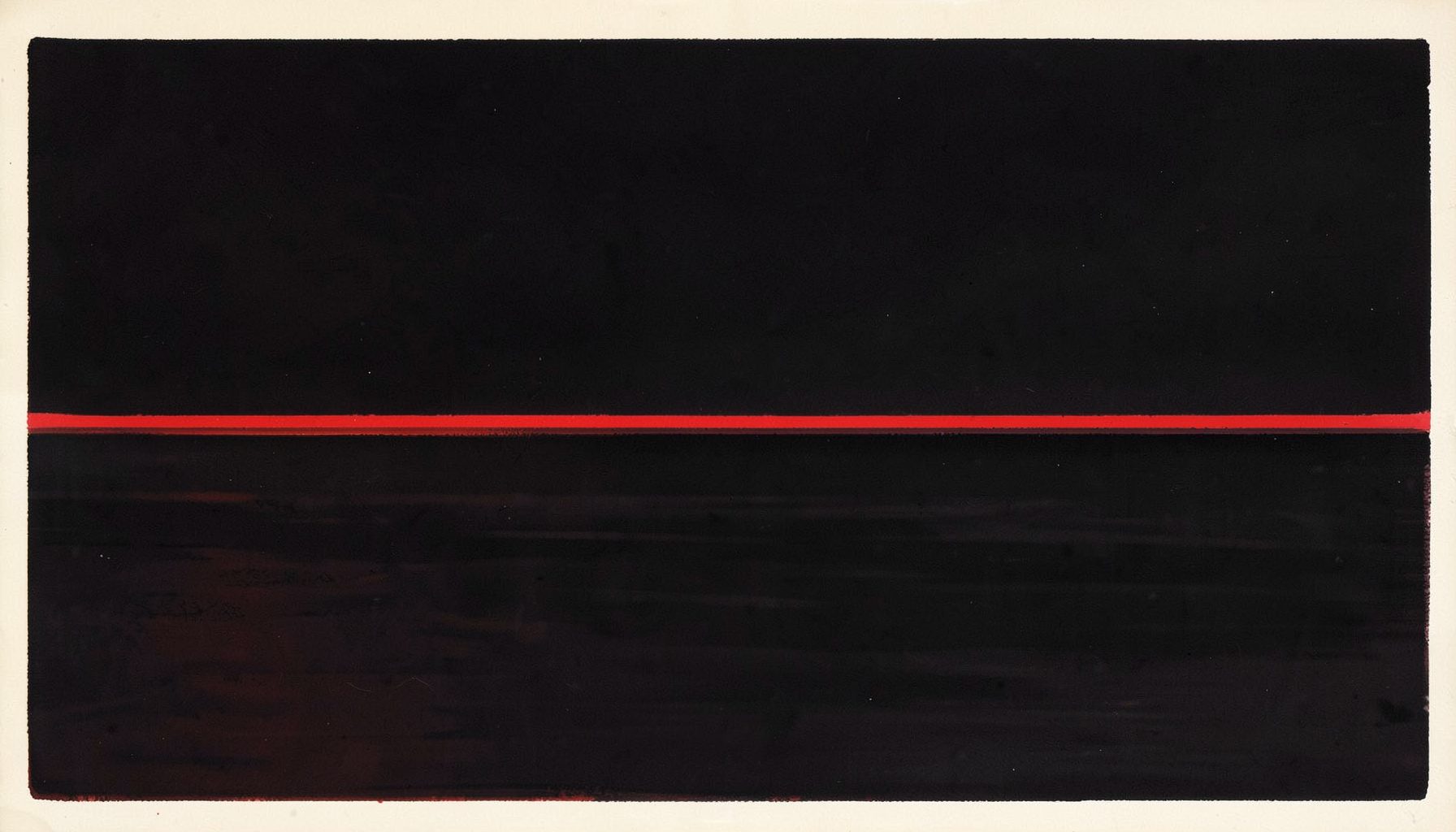 Matte gouache poster painting of a dark atmospheric seascape at twilight, deep charcoal water meeting a near-black sky, a single thin red horizon line dividing the two, moody and minimal